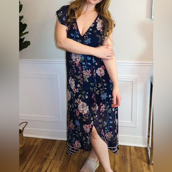 Maurices Dresses & Skirts - Maurices Navy Floral Maxi Dress with Ruffle Sleeves E